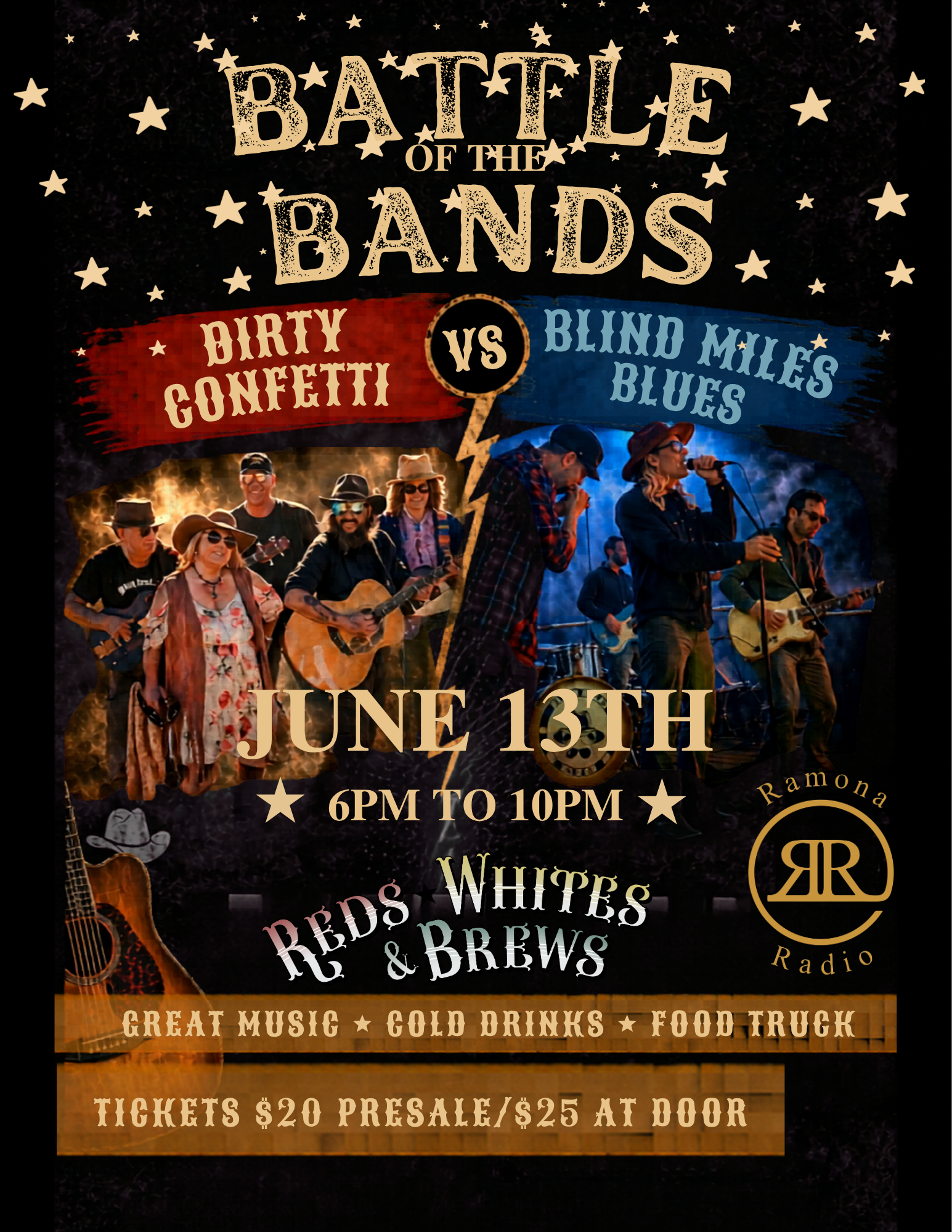 Battle of the Bands — Dirty Confetti vs Blind Miles Blues, June 13th at Reds, Whites & Brews